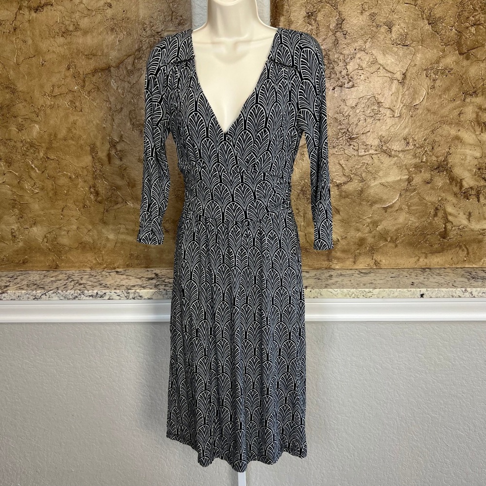 Maeve Anthropologie A Line Dress Small Black Geometric V-Neck Stretch Career